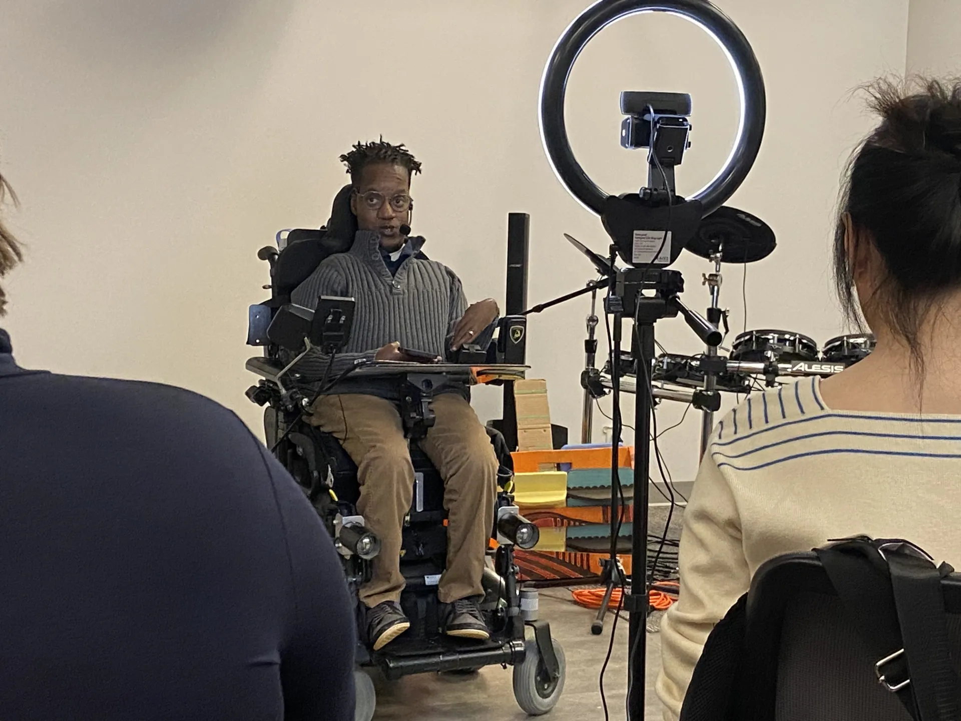 A musician who uses a wheelchair presents his work on accessible musical instruments.